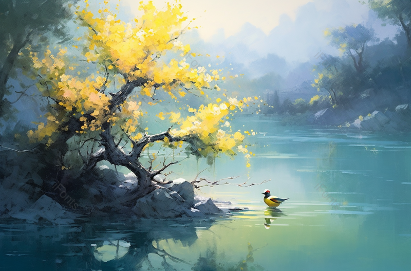 立春黄色树叶树木水面上的蓝白色小鸟水彩画,插画/手绘图,插画/手绘图库,插画/手绘图下载,插画/手绘